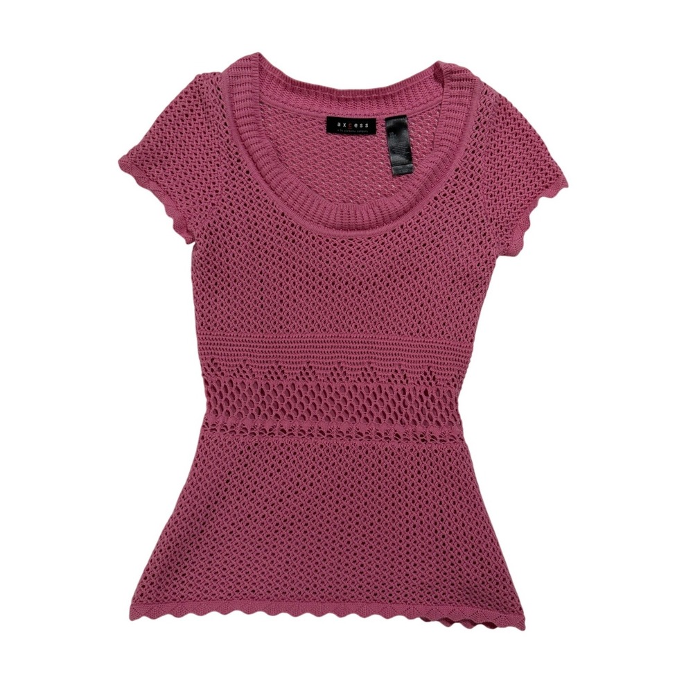 Axcess Liz Claiborne Small Pink Crochet Open Knit Short Sleeve Top Y2K